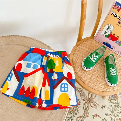 2025 Kids Shorts Set Cotton Printed House Design