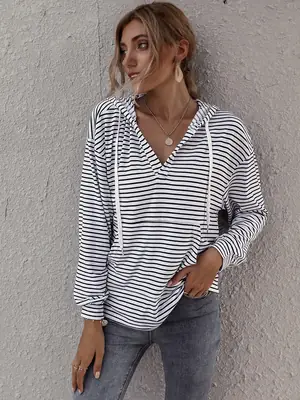 Women Striped Hoodie V-Neck Cotton Pajama Set
