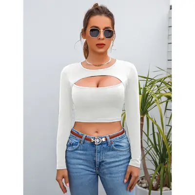 Real Shot Design Long Sleeve Cutout Top for Women