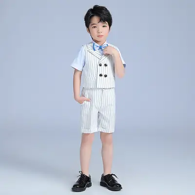 Boys Striped Vest Suit Short Sleeve Suspender Pants
