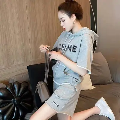 Women Summer Hooded Shorts Set Grey Streetwear
