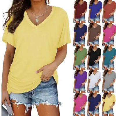 2025 V Neck Purple T-Shirt Women Cross Border