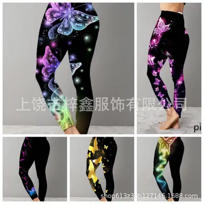 3D Butterfly Print Slim Fit Sports Yoga Leggings Green Black