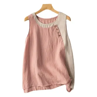 Women Cross-Border Cotton Linen Vest Green Button Decor