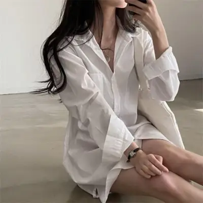 Women White French Style Lapel Shirt Dress Loose Casual