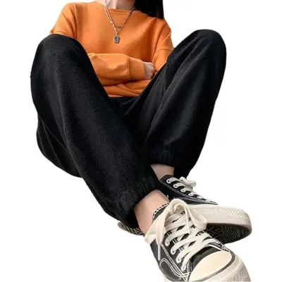Women's Drawstring Leg-Tied Sweatpants Black High Waist Casual Plus Size