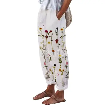 White Retro Printed Wide Leg Pants for Women Summer