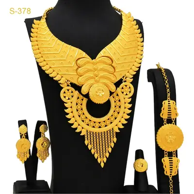 New 24k Gold Plated Dubai Bride Necklace Earrings Ring Bracelet Set India Women Jewelry Set Spot