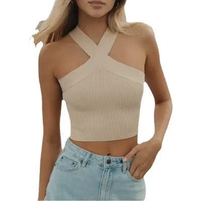 Green Cross Halter Neck Knitted Camisole Top