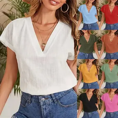 2022 V-Neck Cotton Linen Shirt Light Blue