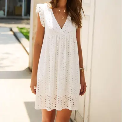 Women's V Neck Lace Dress Light Purple 2021 Summer