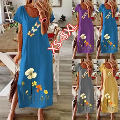 Printed Milk Silk Dress Blue Floral Large