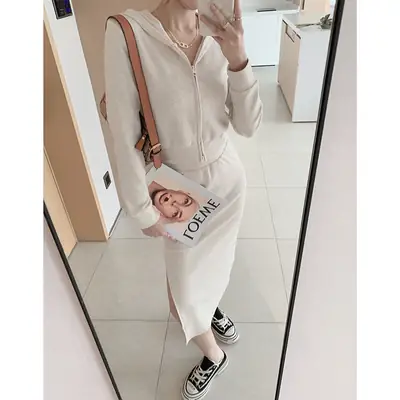 Peach Hooded Girl Suit High Waist Hip Skirt Two-Piece Set