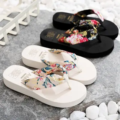 Bohemian Satin Cloth Belt Summer Fashion Women's Thick-soled Wedge Flip-flops Sandals Sandals Gilded Slippers
