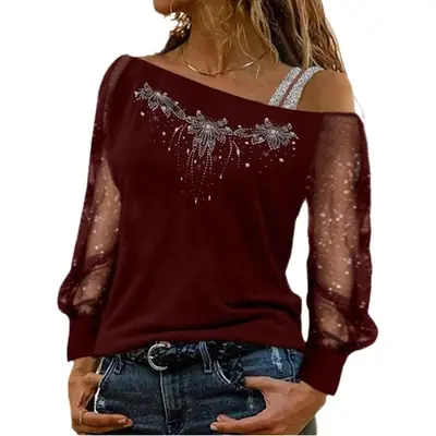 Women Long Sleeve Gilded T-Shirt Maroon Loose Neck