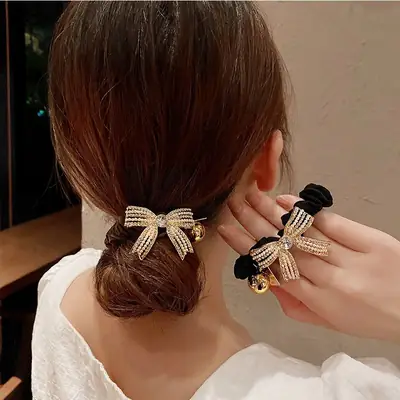 Black Pearl Bow Hair Tie for Women