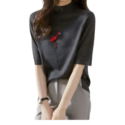Lightweight Embroidered Flamingo Knitted Shirt for Women