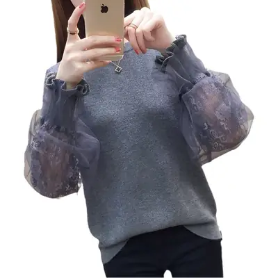 Women White Lace Knit Half Turtleneck Sweater Top