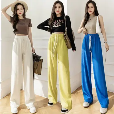 Women Drawstring Wide Leg Pants Black Slimming Casual 2026