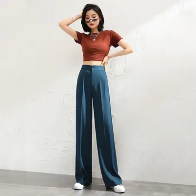 Wide Leg Pants Women High Waist Dipped 2021 Spring Summer Loose Slimming Straight Casual Mop Chiffon Suit Pants