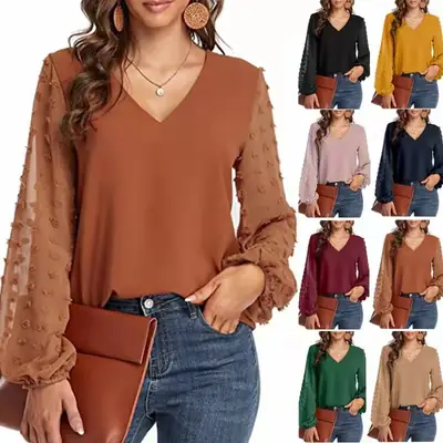 Green V-Neck Chiffon Long Sleeve Top for Women