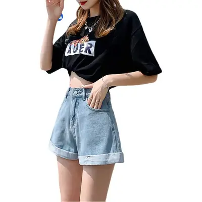 Women Black Denim Shorts High Waist 2022