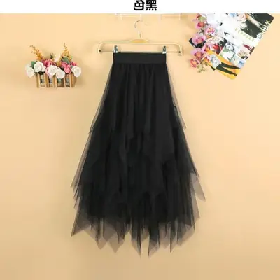 Black Mesh Irregular Skirt for Girls Mid-Length Gauze