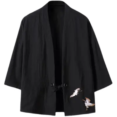 Japanese Style Crane Embroidered Kimono Cardigan Black