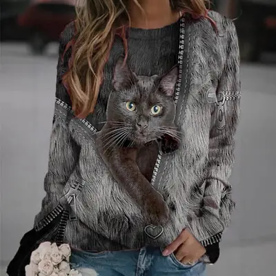 2021 Cat Printed Crossbody Jacket for Women Brown