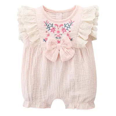 Baby Cotton Lace Short Sleeve Hatshirt with Lotus Leaf Design