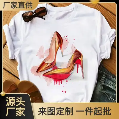 Women High Heel Printed T-Shirt White Casual Summer Wear