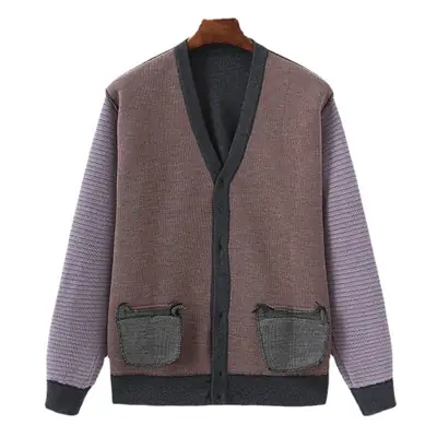 Men's V-Neck Knit Cardigan Brown Jacquard