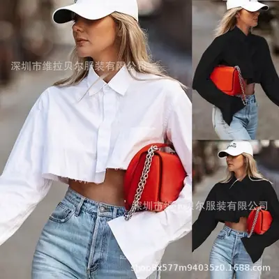 Women European American Ins Loose Asymmetrical High Waist Navel-Baring Lapel Buttoned Cardigan Shirt