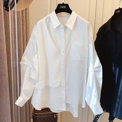 2026 Women Patchwork Waffle Shirt Navy Blue Loose Casual