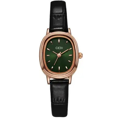 Women's Gold Retro Watch with Green Dial & Genuine Leather Band