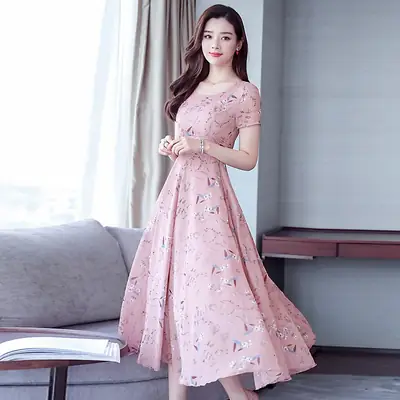 Mother's Printed Korean Dress Large Size Pink