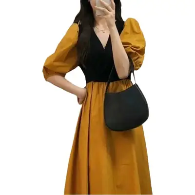Summer Dress Black Puff Sleeve Large Skirt French Style