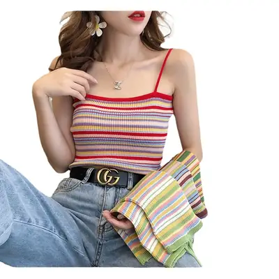 Korean Style Rainbow Stripes Backless Top 2024