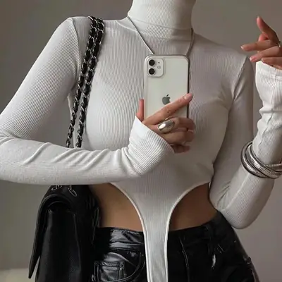 Women's White Crotch Long-sleeve Casual Jump Suit