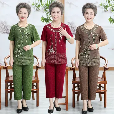 Ice Silk Elderly Women Suit Purple Three Quarter Pants