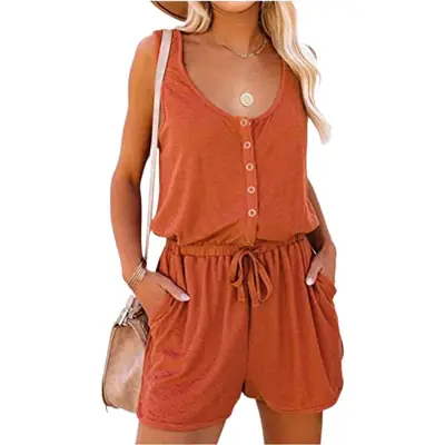 Women 2022 Summer Sleeveless Jumpsuit Lace-up Shorts Navy Blue