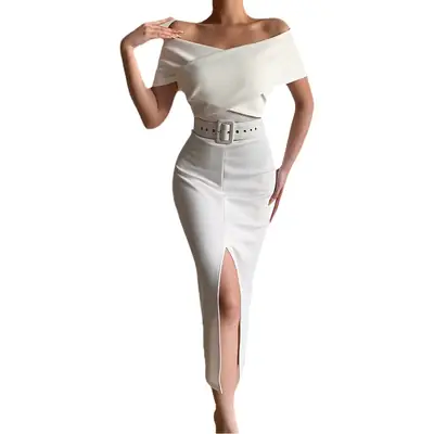 White Off-Shoulder Belt Slit Skirt Set