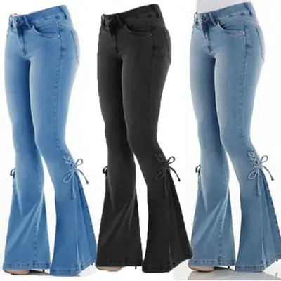 Women Flared Lace-Up Jeans Blue Stretch Denim Mid Waist