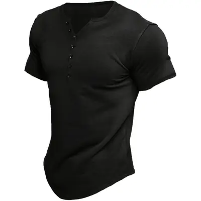 Men's White Henley T-Shirt Short Sleeve Loose Breathable