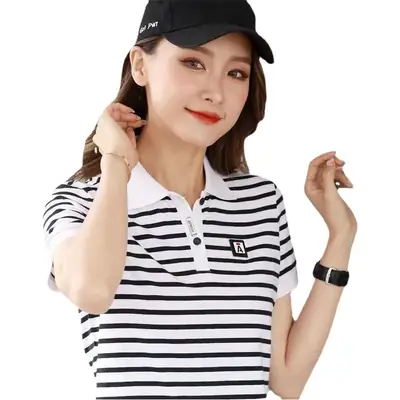 Women Striped Polo Shirt 2023 Summer Loose Fit
