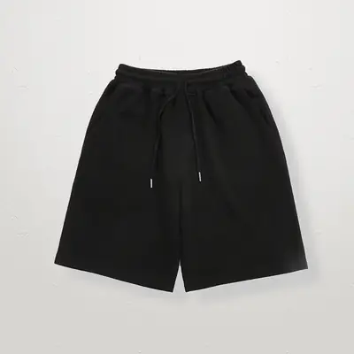 Men Black Tether Waist Cotton Shorts Loose Casual Sports Wear