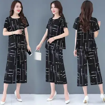 Black White Line Wide Leg Pants Set Large Women