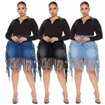 Women's Black Fringe Denim Skirt Large Size Spring New