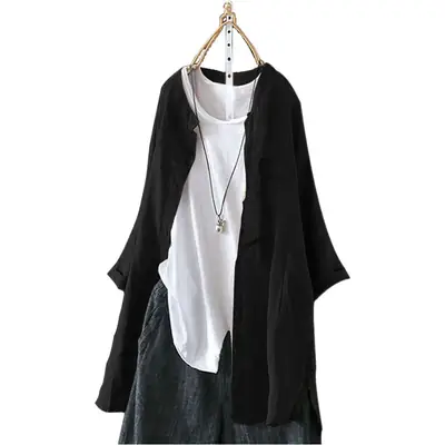 2025 Cotton Linen Loose Mid-Length Top Shirt Large
