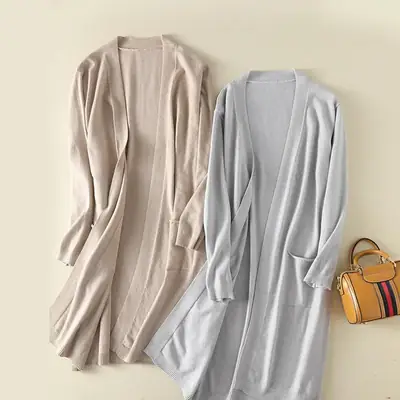 Women Korean Style White Knitted Cardigan Mid-Length